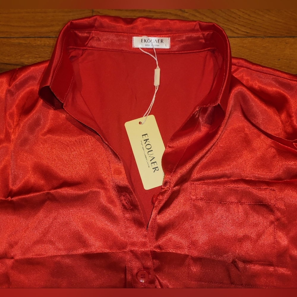 Ekouaer Red Satin Pj Set - Picture 3 of 8